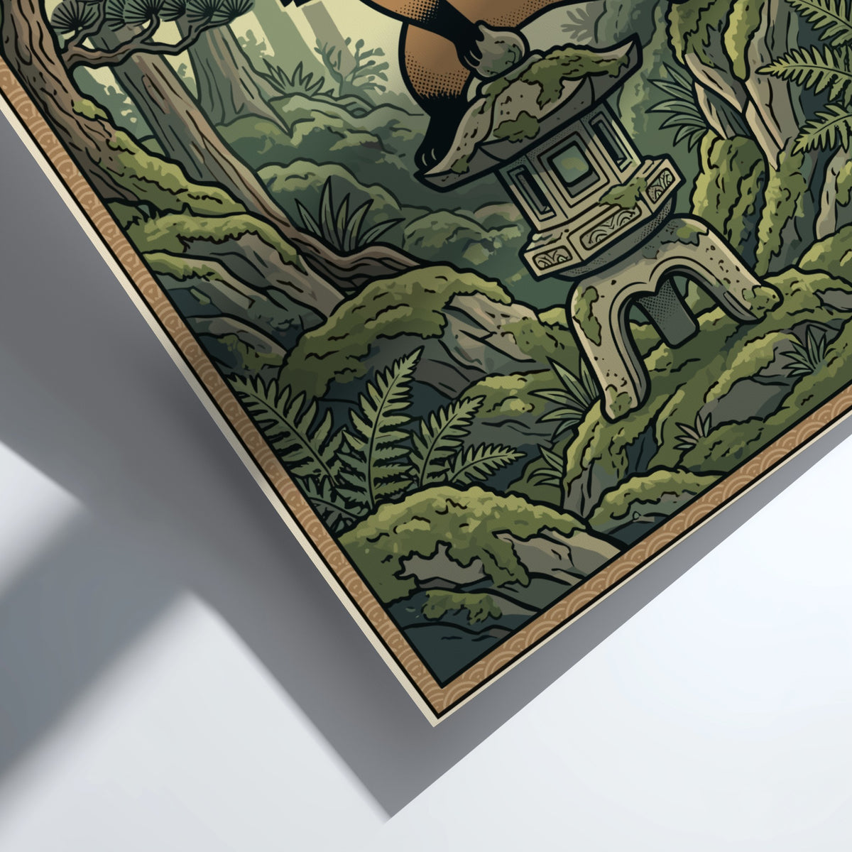 Poster of a tanuki in a yoga pose atop a stone lantern, forest background.