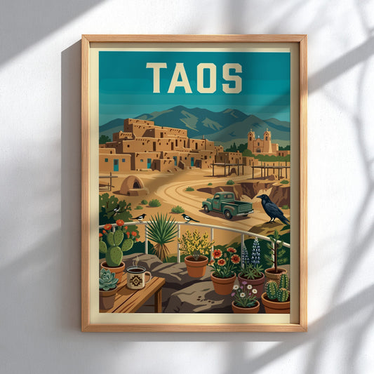 Retro Taos Pueblo poster with adobe buildings, mountains, and a vintage truck in a warm color palette.