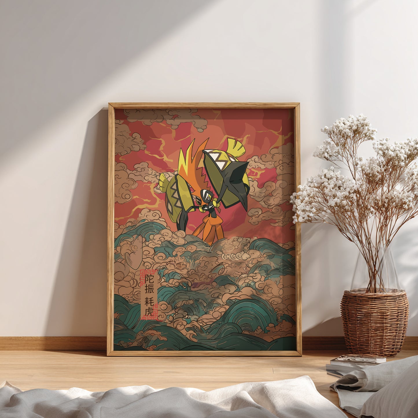 Framed artwork of a Tapu Koko Pokemon character with a colorful background on a wall.