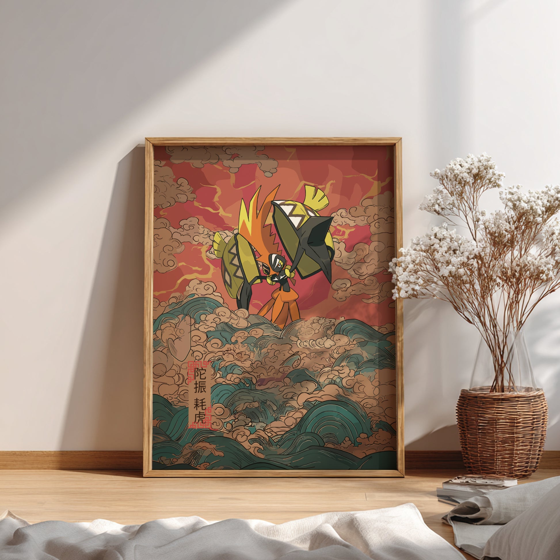 Framed artwork of a Tapu Koko Pokemon character with a colorful background on a wall.