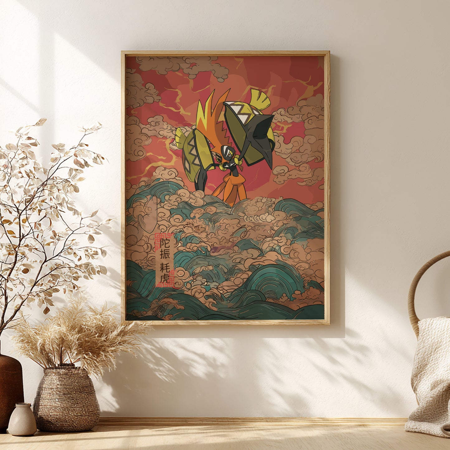 Framed traditional artwork of Tapu Koko Pokemon on a wall with decorative elements