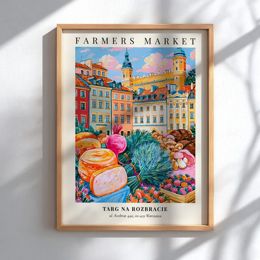 Farmers market poster featuring colorful produce and flowers in Warsaw style