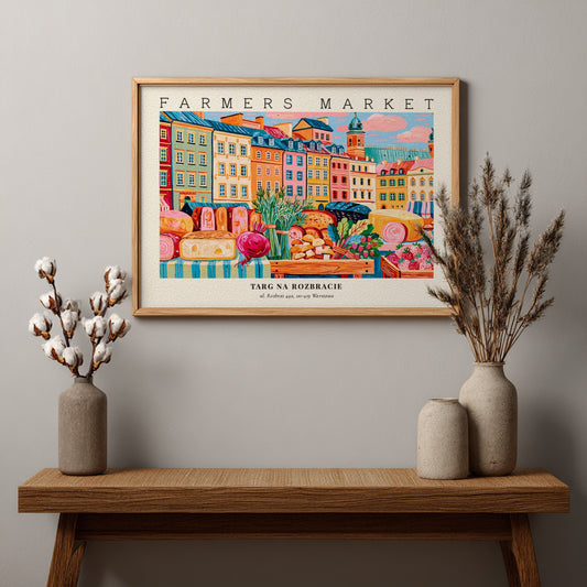 Farmers market poster featuring colorful buildings and fresh produce in a vibrant style