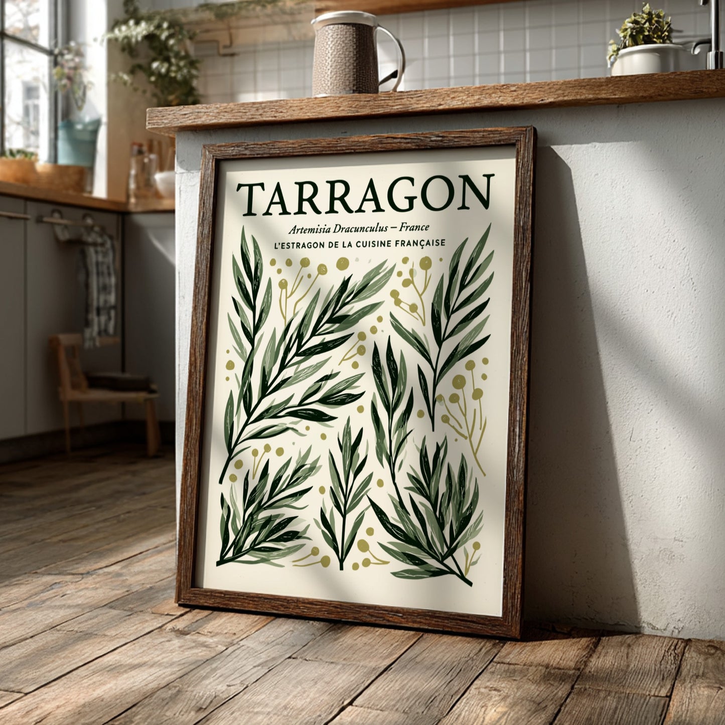 Kitchen poster featuring tarragon illustrations in green and gold, botanical style, perfect for kitchen decor.