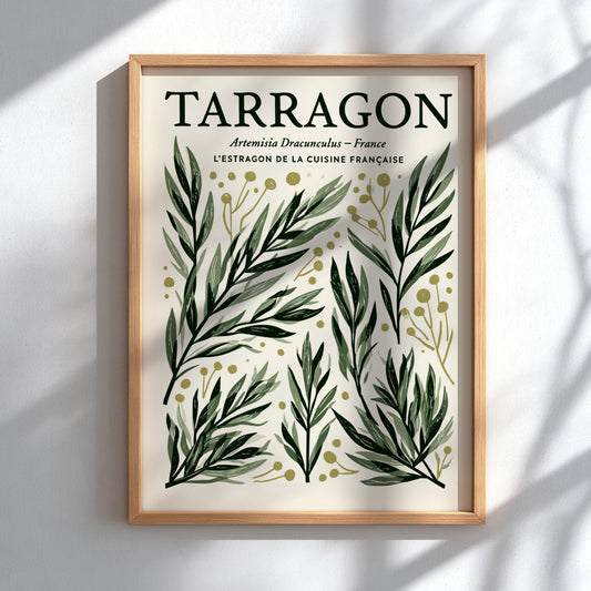 Kitchen poster featuring tarragon illustrations in green and gold, botanical style, perfect for kitchen decor.