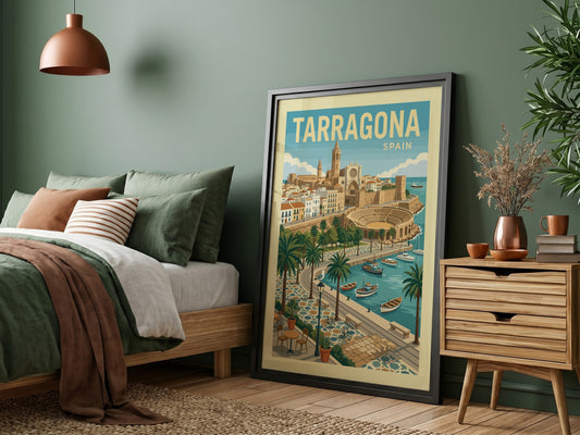 Tarragona Spain travel poster in a vintage style, showing the city's historic amphitheater and harbor.