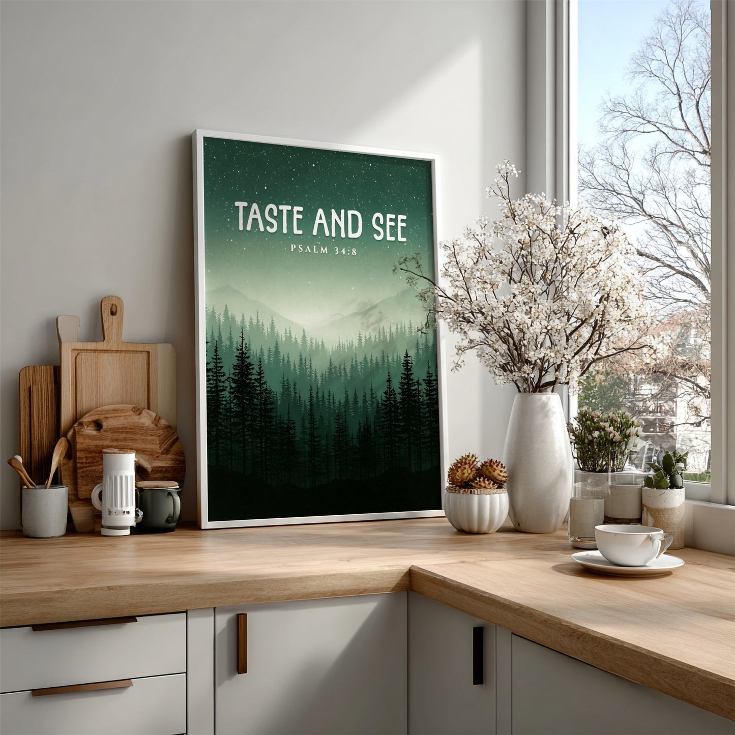 Taste and See Poster featuring misty mountains and evergreen trees, inspirational wall art based on Psalm 34:8