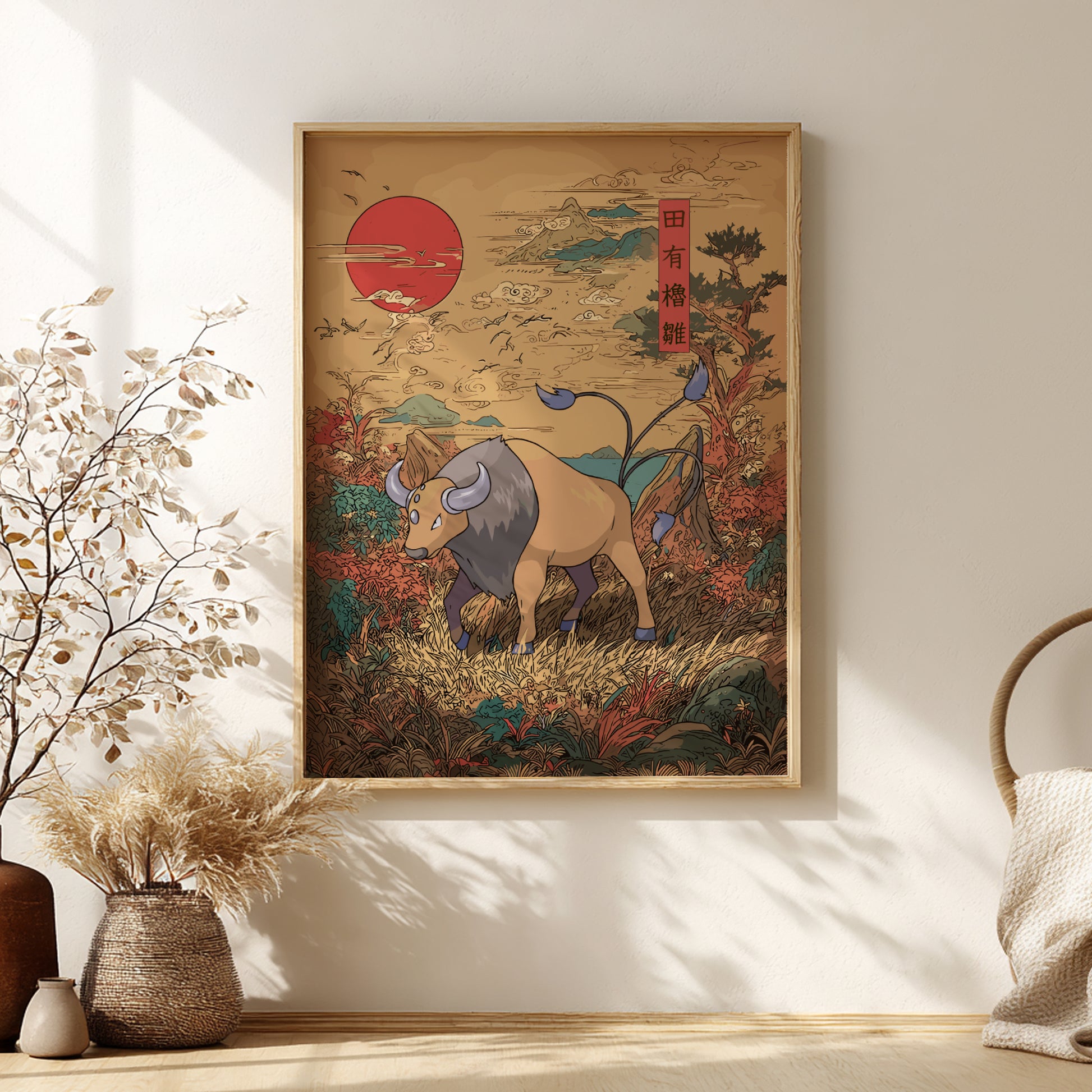 Framed artwork of Tauros Pokemon in a natural setting on a wall with decorative elements.
