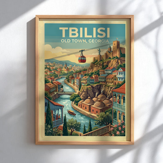 Tbilisi Old Town travel poster featuring a cable car over the river and fortress
