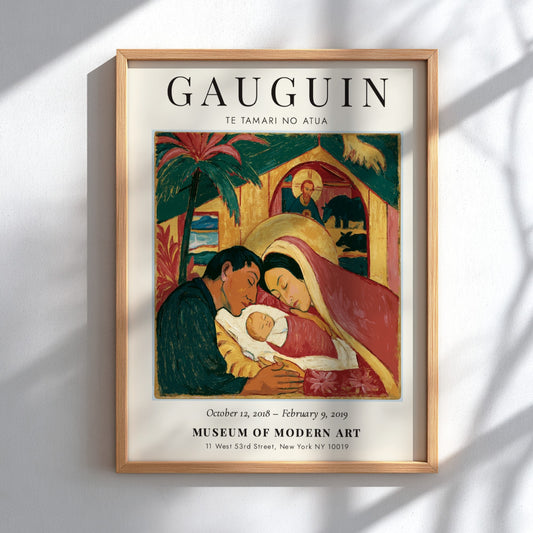 Gauguin exhibition poster featuring Te Tamari No Atua with warm colors and expressive figures