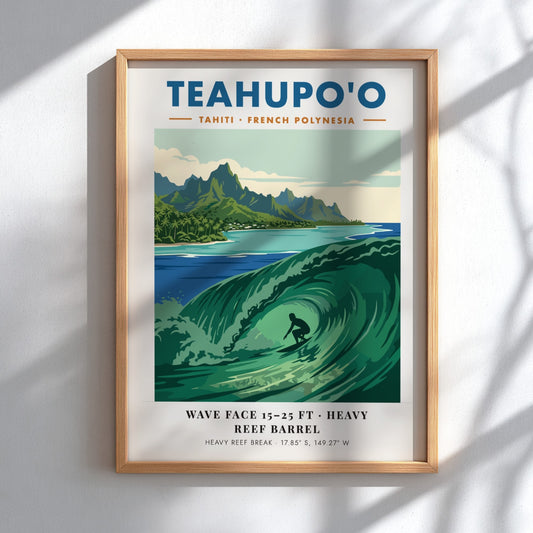 Teahupo'o surf poster featuring a deep green barrel wave and lush mountains in Tahiti.