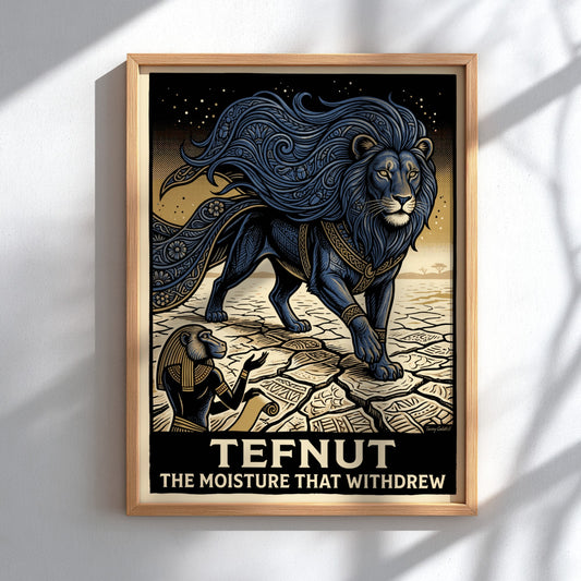 Poster featuring a blue lioness goddess named Tefnut standing over parched desert earth.