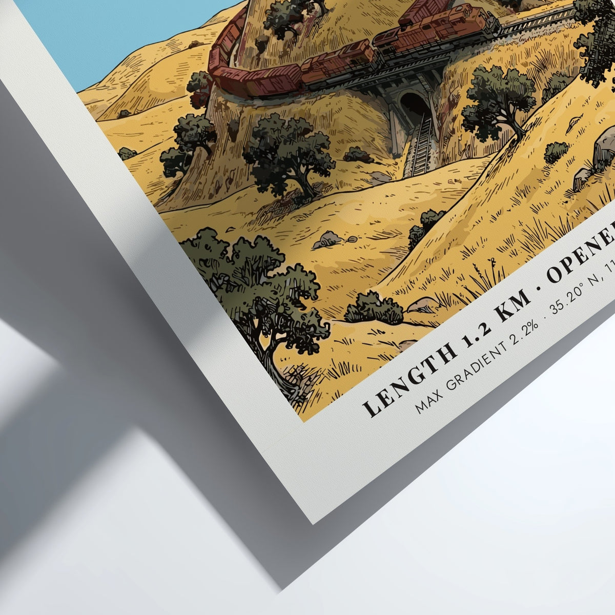 Poster of the Tehachapi Loop in California featuring a red train on tracks.