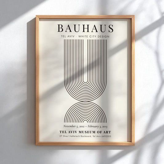 Bauhaus poster featuring Tel Aviv White City design with geometric lines and muted colors