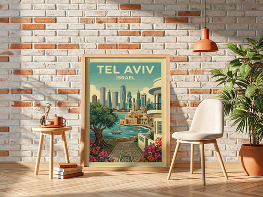 Tel Aviv skyline travel poster with a stylized cityscape and floral accents, featuring a warm color palette.