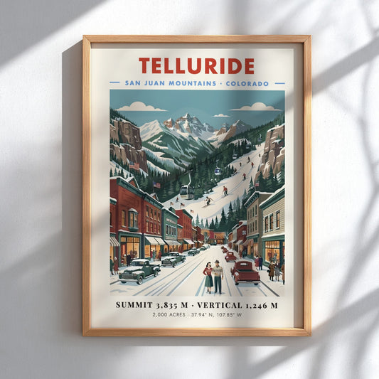 Telluride ski resort poster featuring vintage mountain scene with snow and town streets
