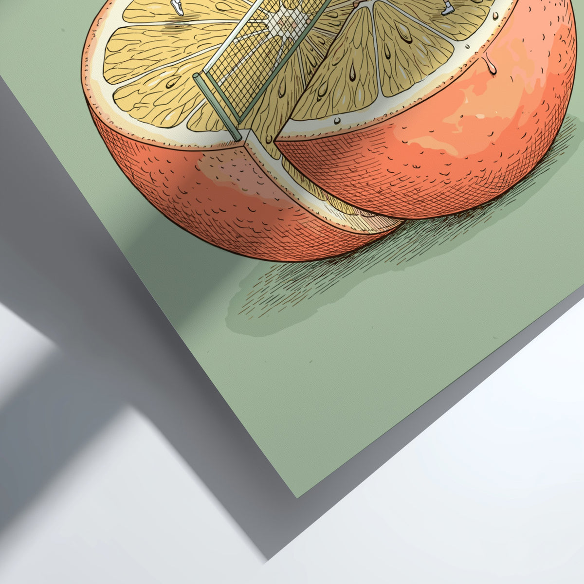 Poster featuring two tennis players competing on the segments of a giant halved orange