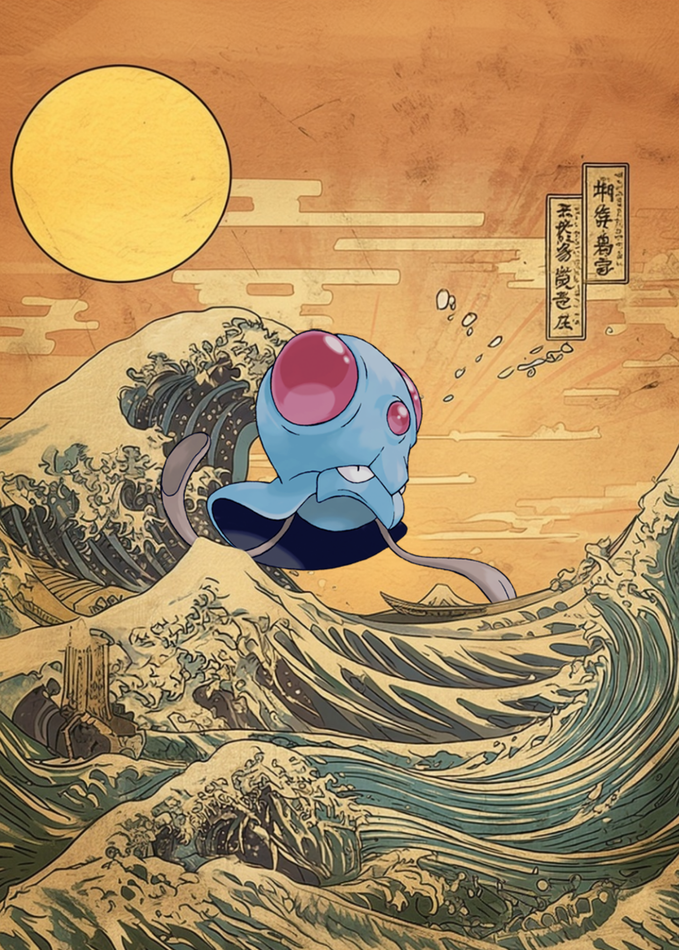 Tentacool Pokemon character surfing a wave inspired by 'The Great Wave off Kanagawa' with a stylized sun and text in the background.