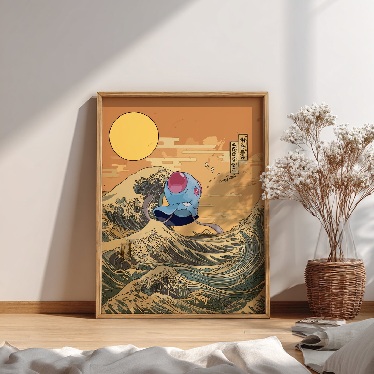 Framed artwork of Tentacool Pokemon character on a wave with a sun in the background, placed on a wooden floor.
