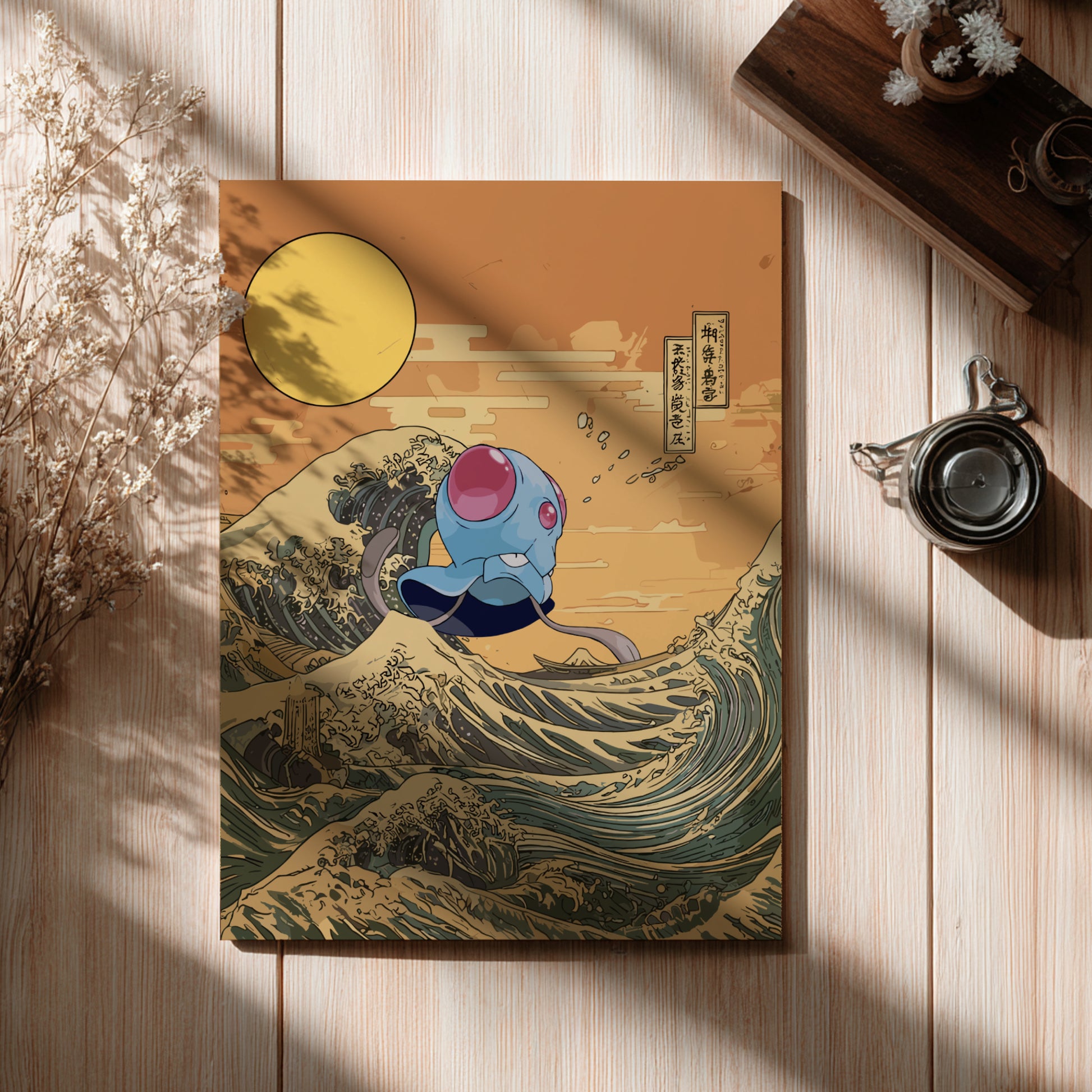 Poster with Tentacool Pokemon character on a wave design, placed on a wooden surface with a cup and plant.