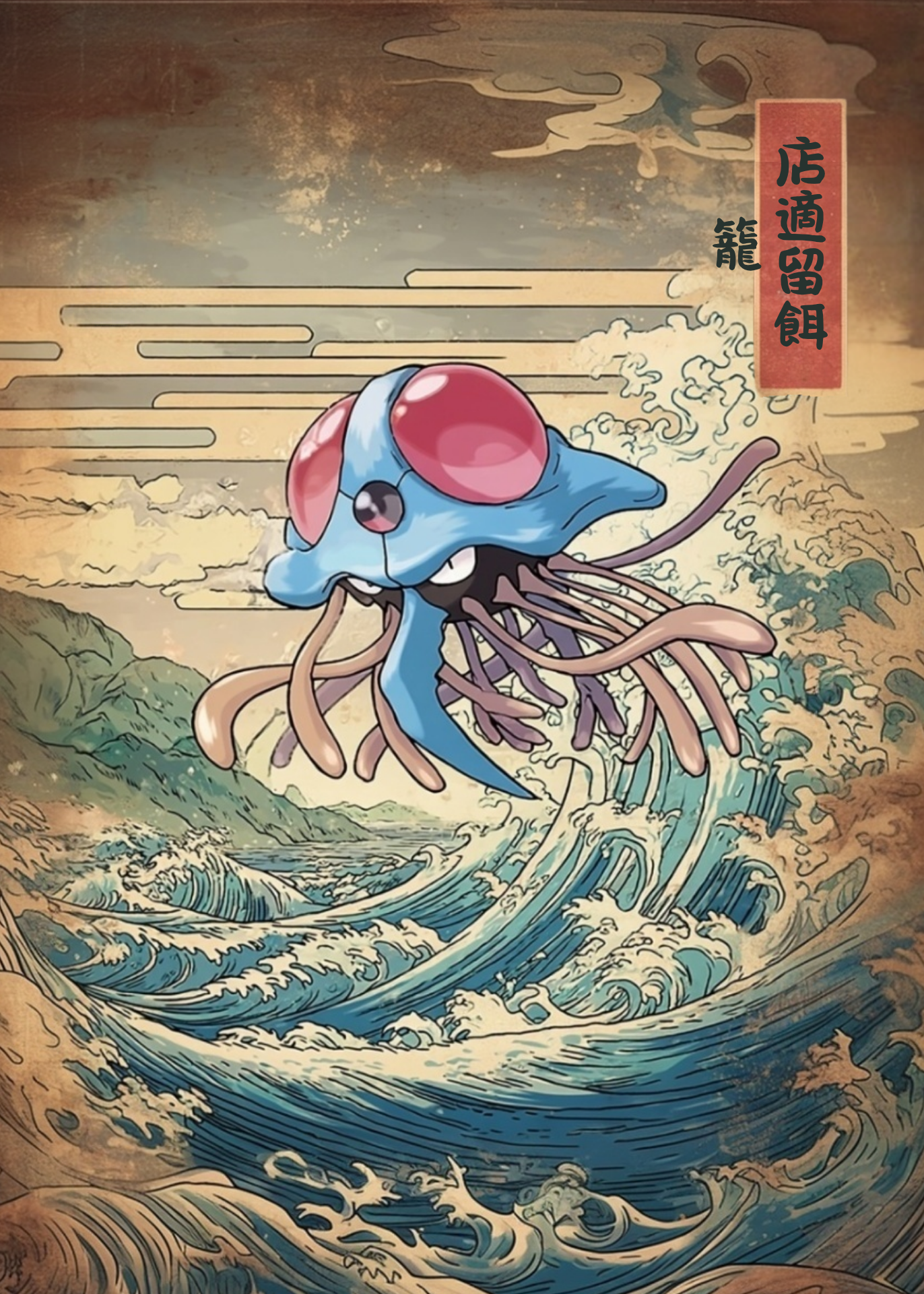 Tentacruel Pokemon on a wave with a Japanese text box in the background