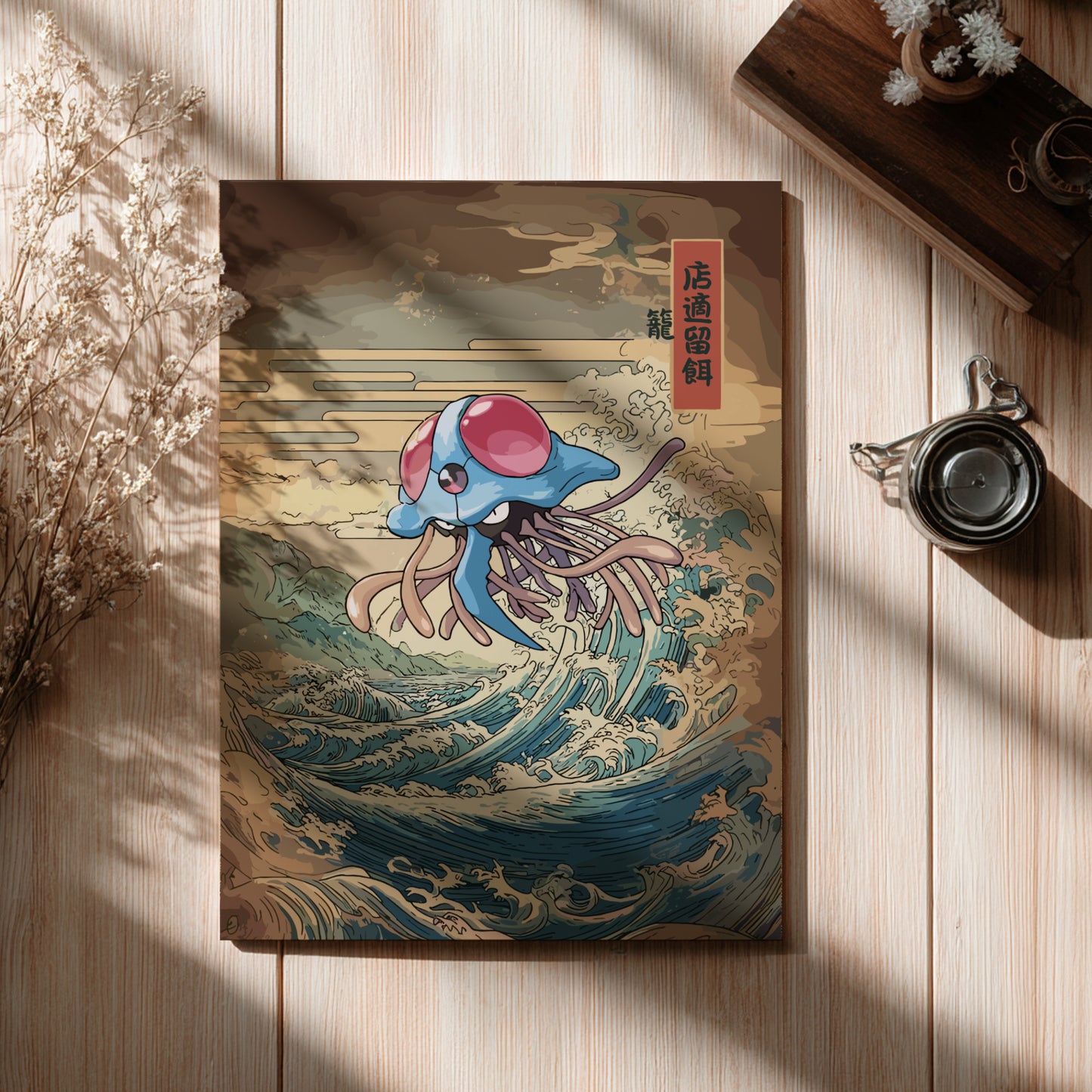 Poster with a colorful illustration of Tentacruel Pokemon on a wave design, placed on a wooden surface.