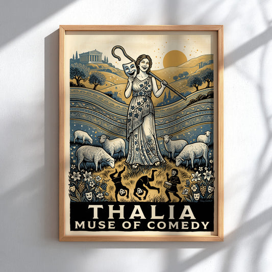 Poster featuring Thalia Muse of Comedy with a theatre mask and grazing sheep