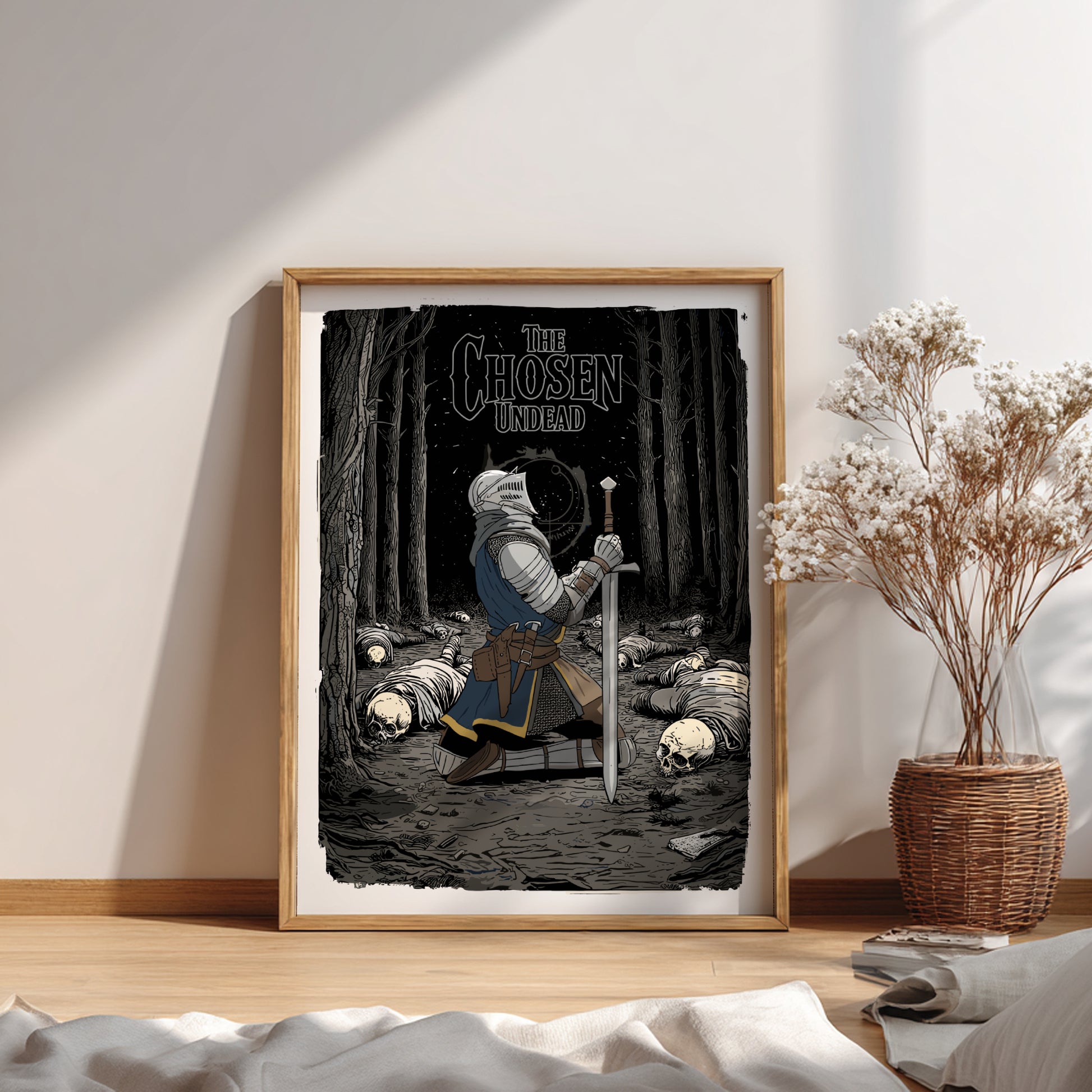 Framed artwork of The Chose Undead from Dark Souls on a wall with a vase of flowers.
