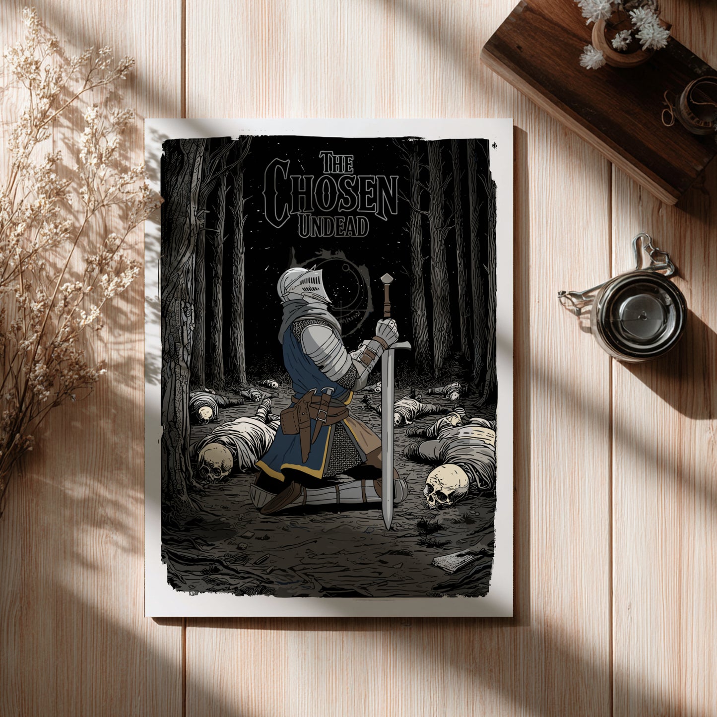 Poster The Chose Undead from Dark Souls on a wooden surface with decorative elements.
