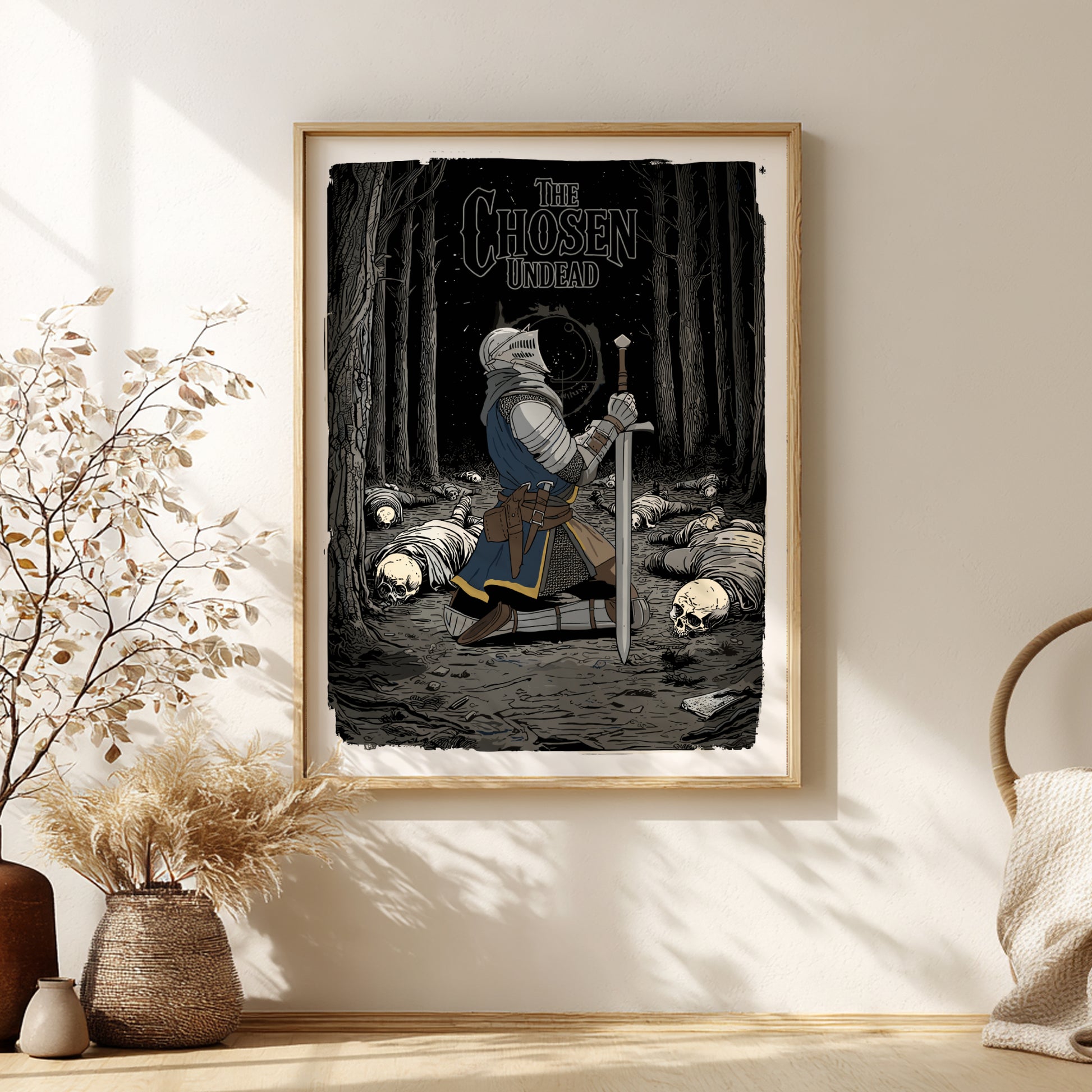 Framed artwork of The Chose Undead from Dark Souls in a room with decorative elements.