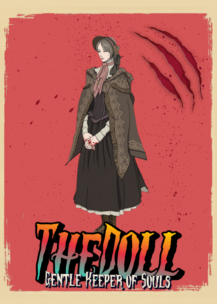 Illustration of The Doll from Bloodborne on a red background.