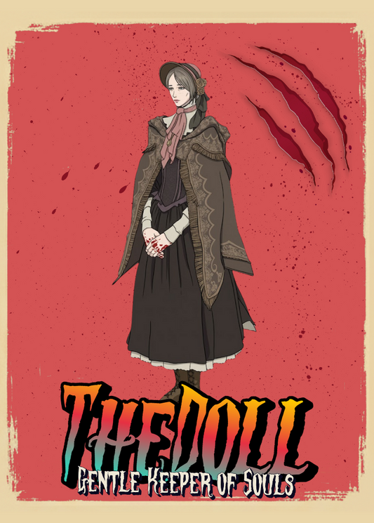 Illustration of The Doll from Bloodborne on a red background.
