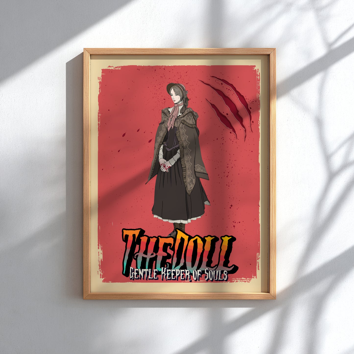 Framed artwork of The Doll from Bloodborne on a red background