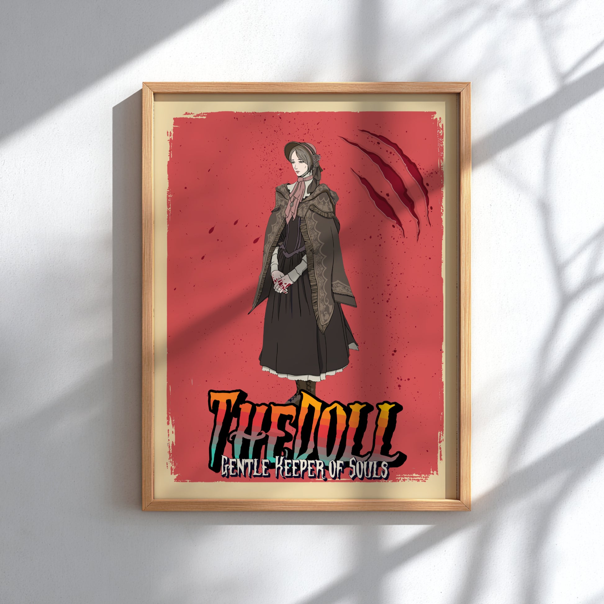 Framed artwork of The Doll from Bloodborne on a red background