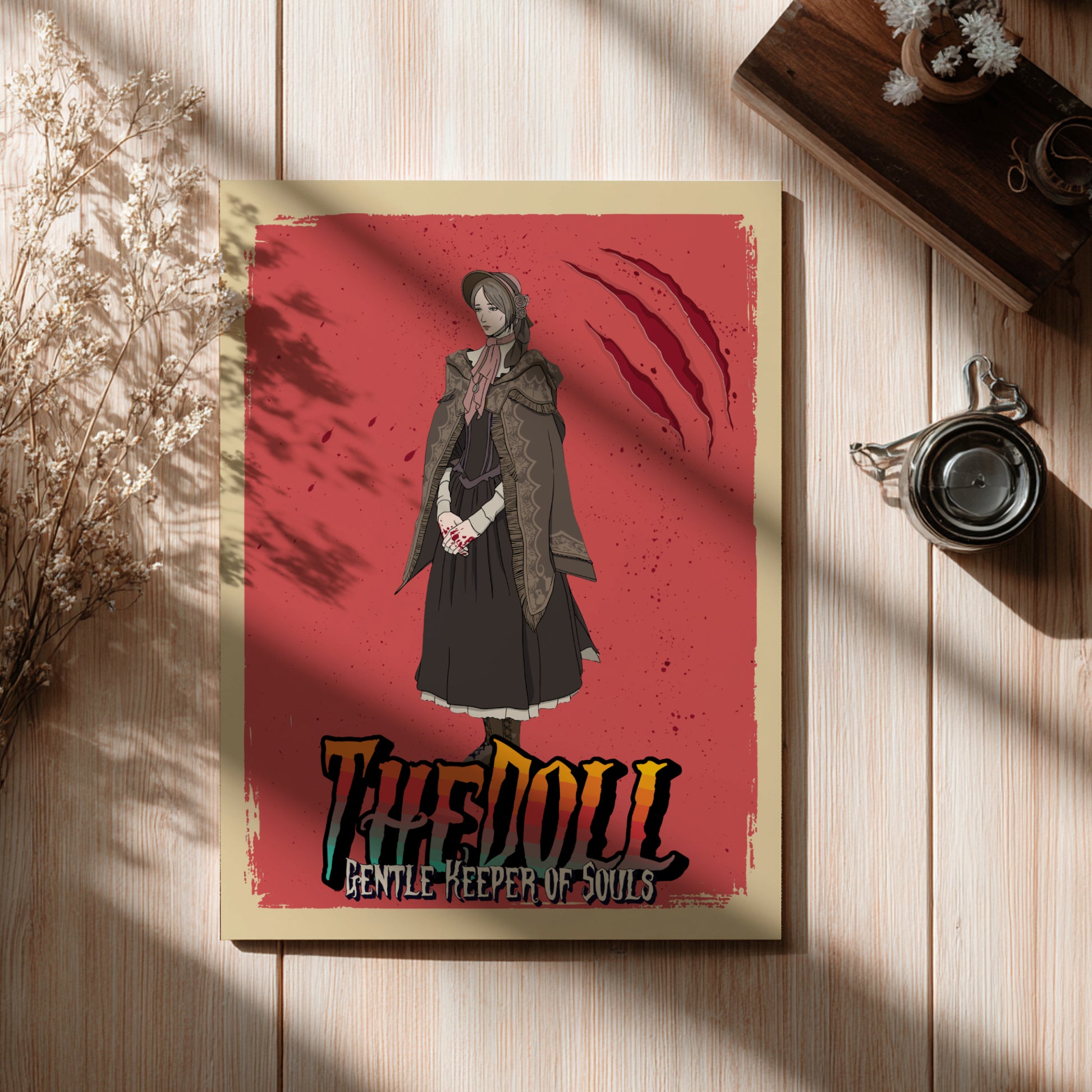 Poster of The Doll from Bloodborne on a wooden surface with a red cover and illustration.