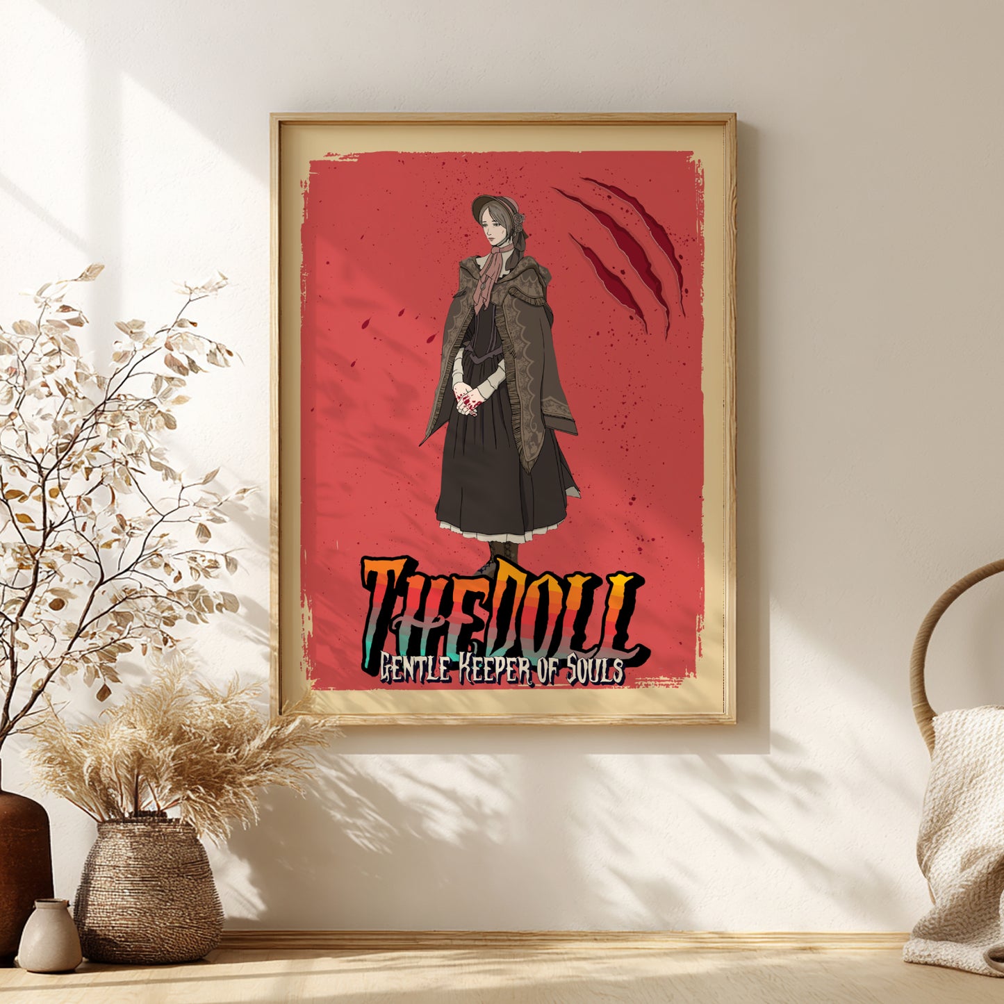 Framed artwork of The Doll from Bloodborne on a red background, placed on a wall with decorative elements.