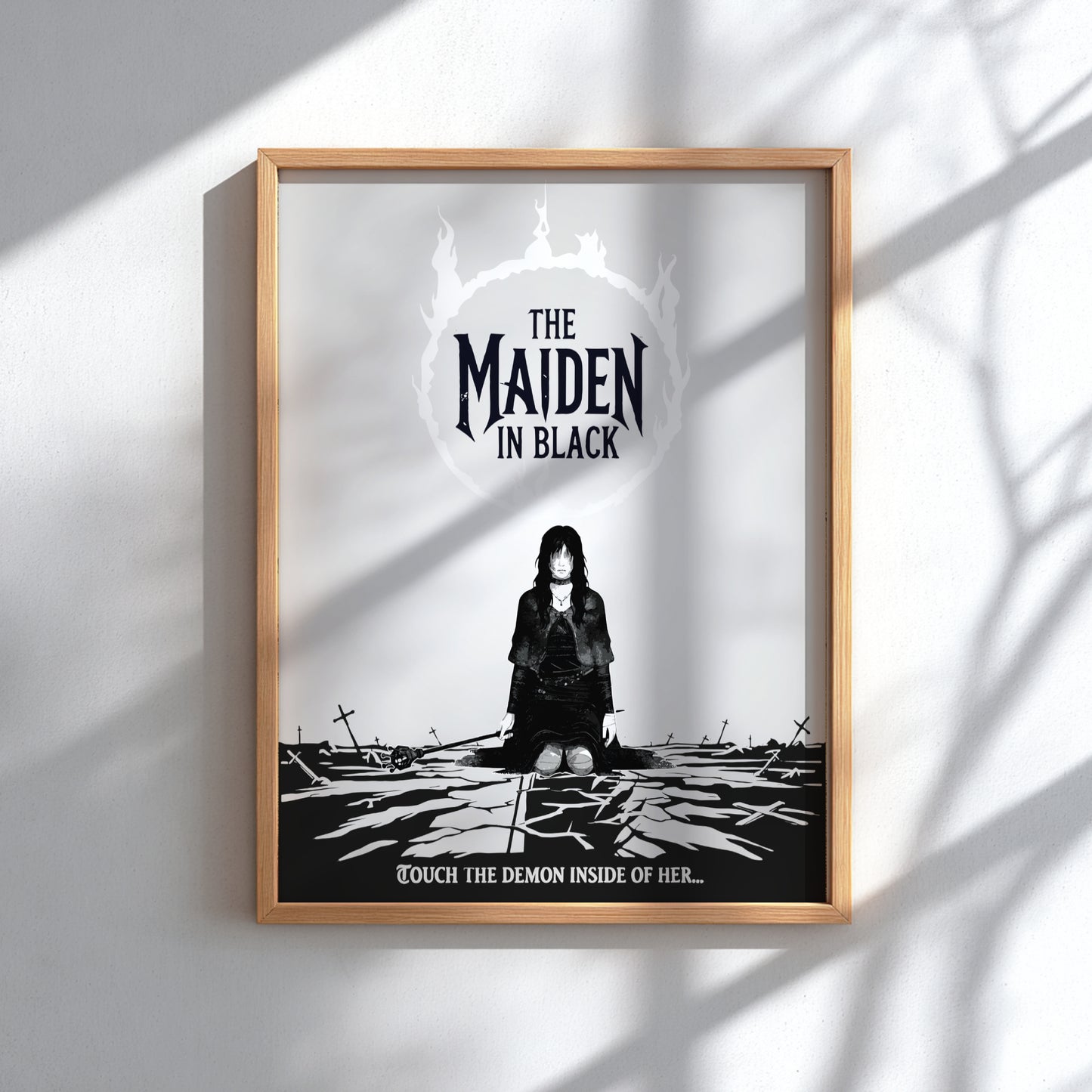 Framed artwork of a black and white illustration of The Maiden in Black from Dark Souls.