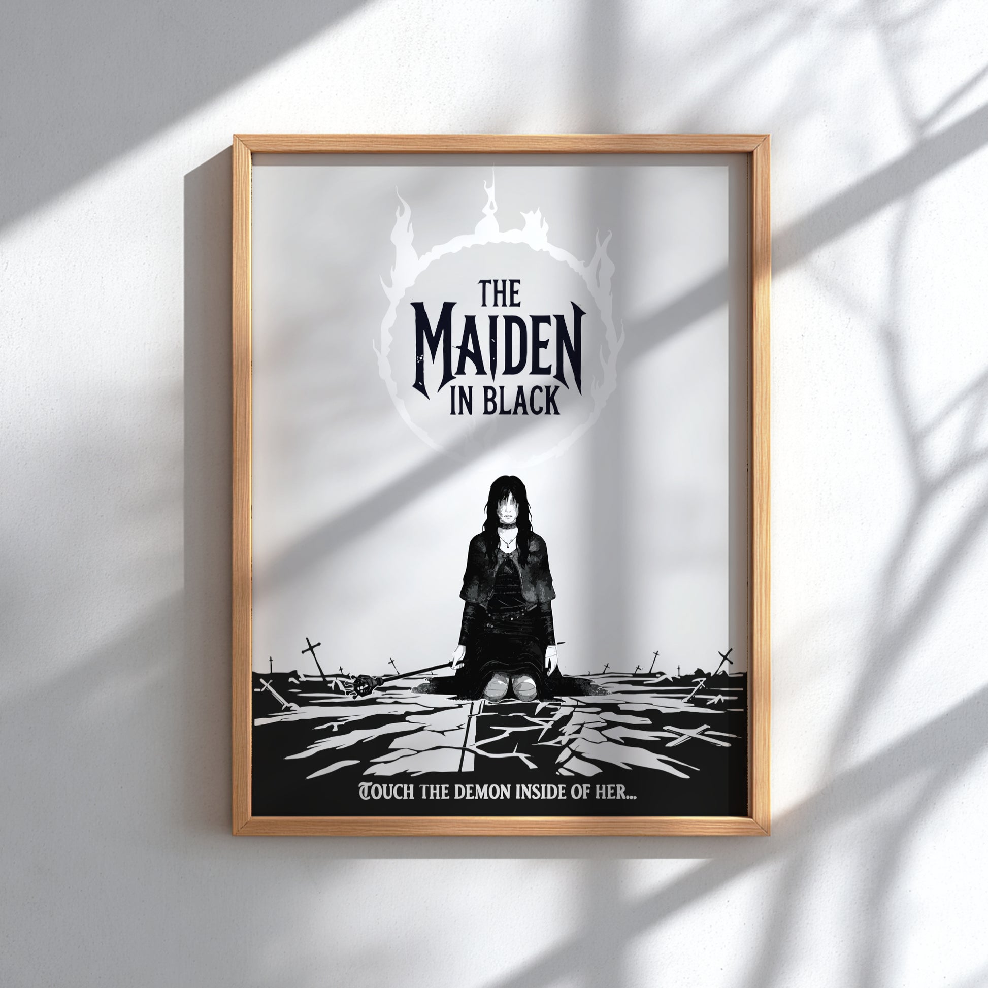 Framed artwork of a black and white illustration of The Maiden in Black from Dark Souls.