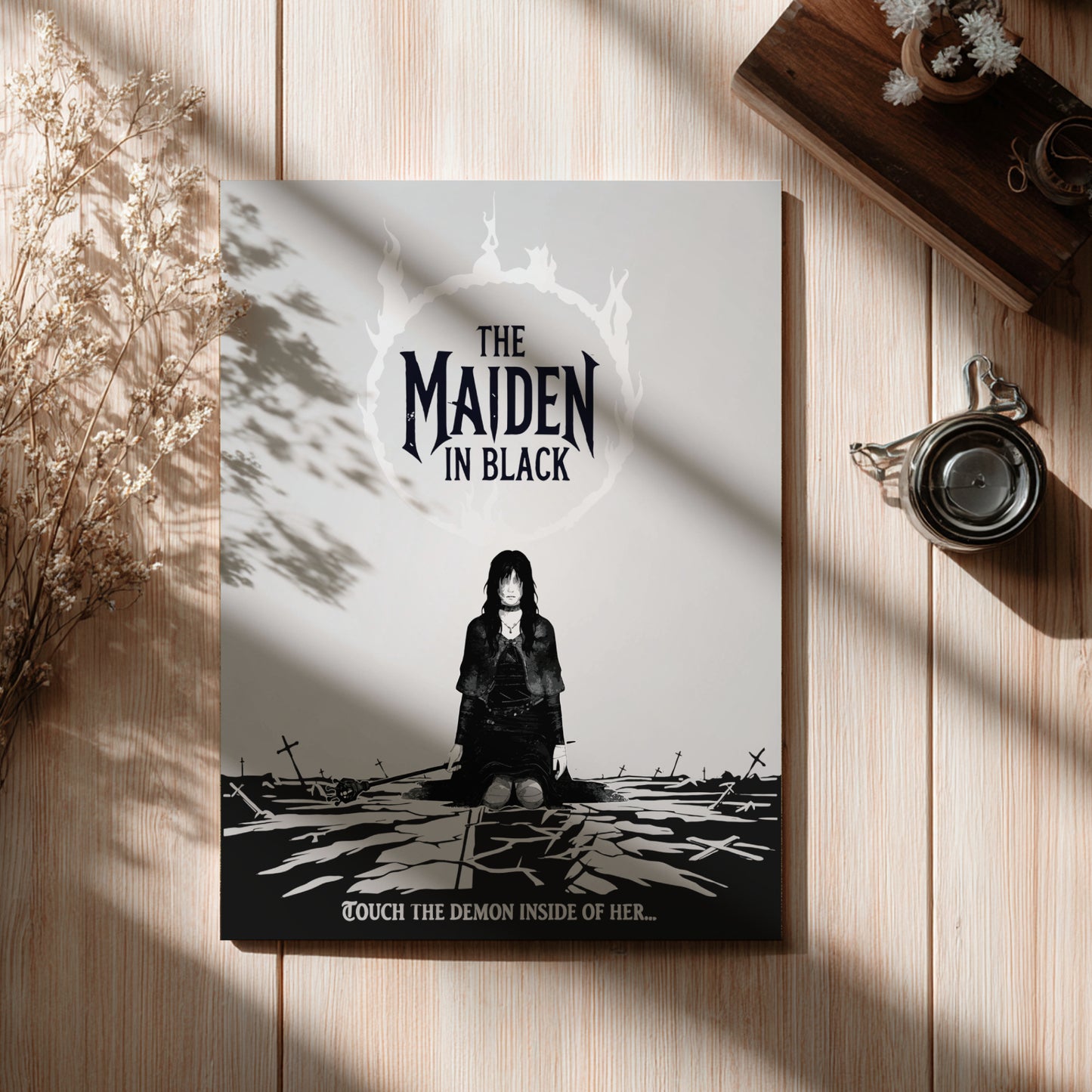 Poster of The Maiden in Black from Dark Souls on a wooden surface with decorative elements.