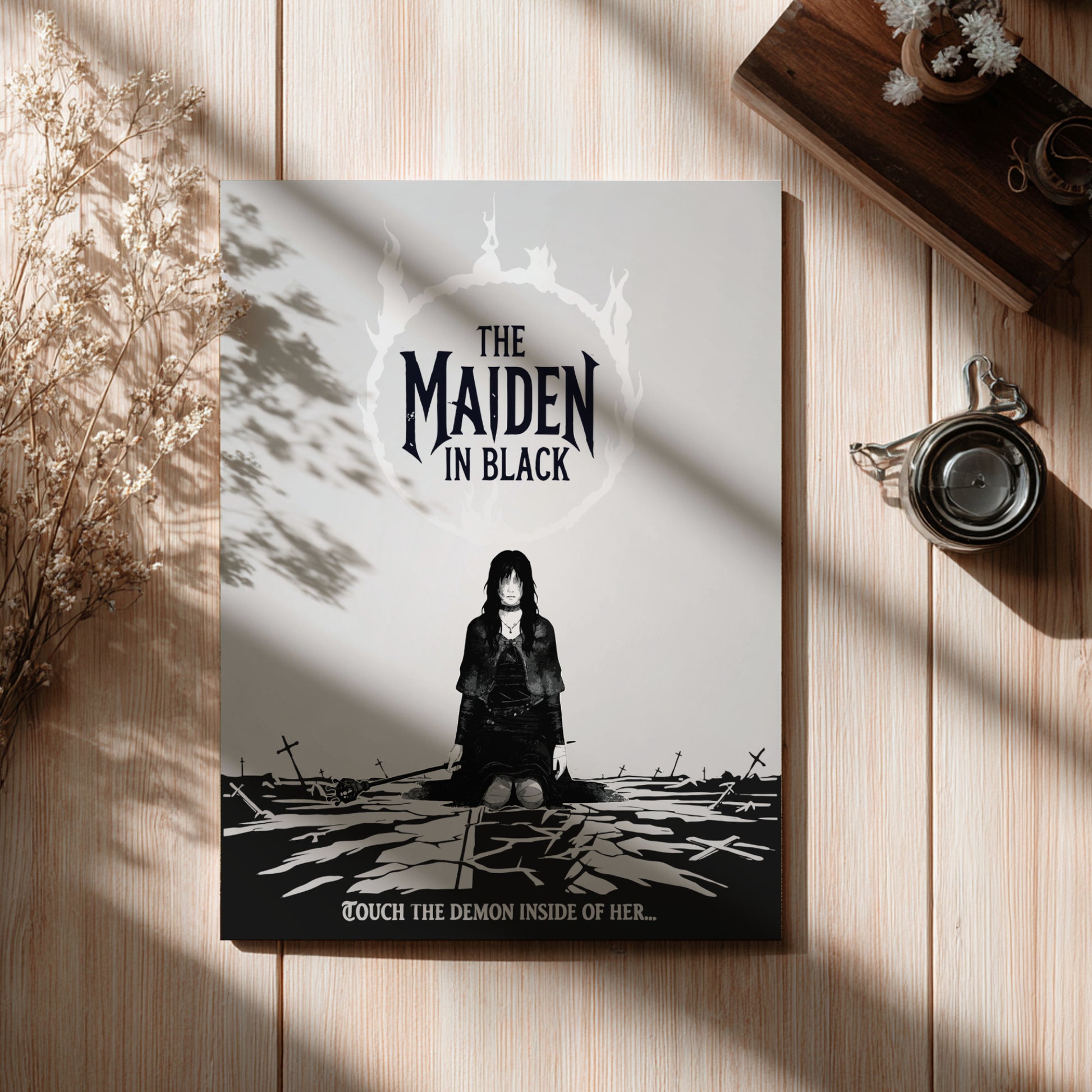 Poster of The Maiden in Black from Dark Souls on a wooden surface with decorative elements.