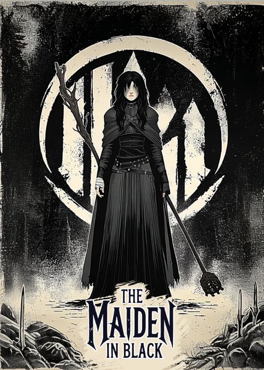 The Maiden in Black from Dark Souls, against a dark background with circular design.