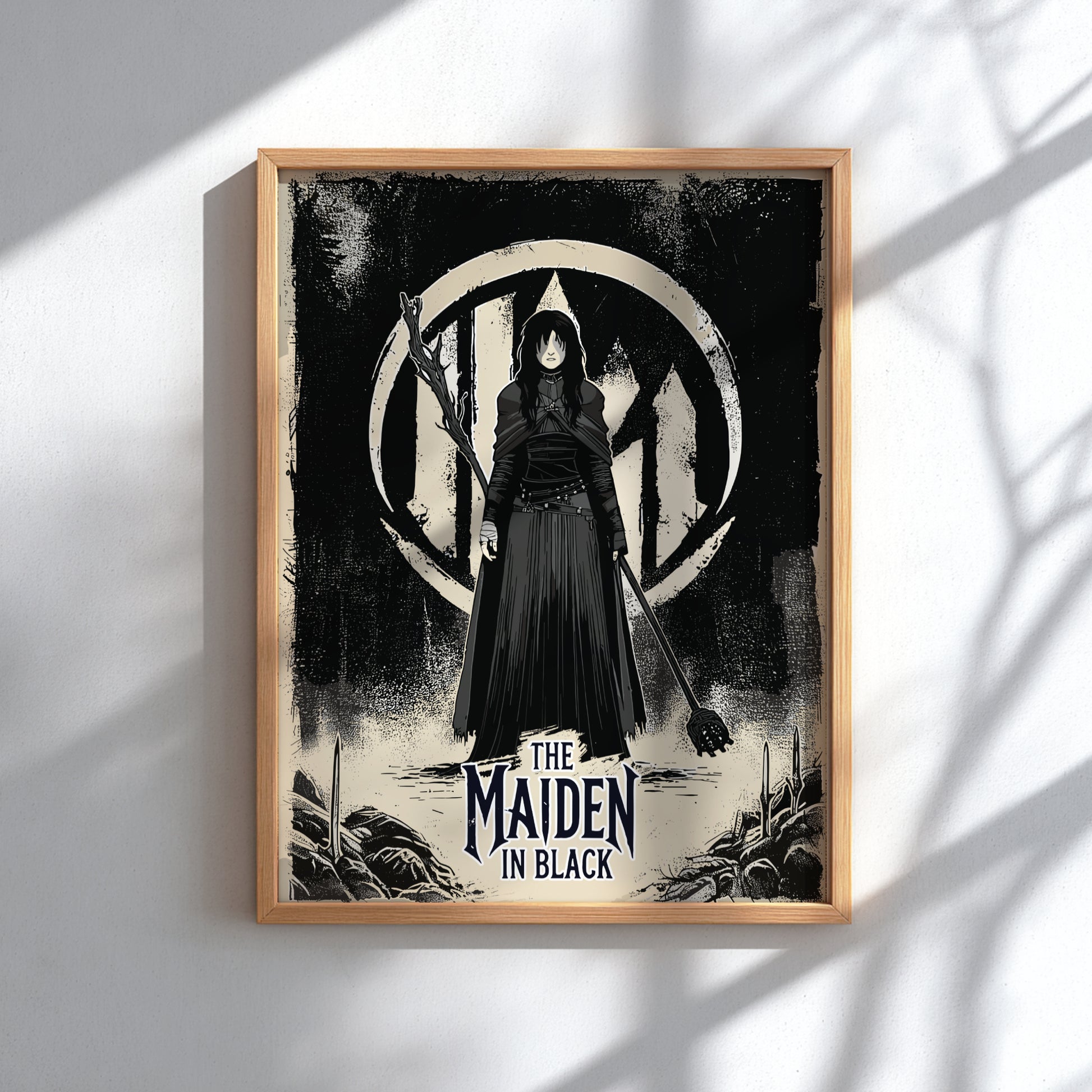 Framed artwork of The Maiden in Black from Dark Souls on a white wall.