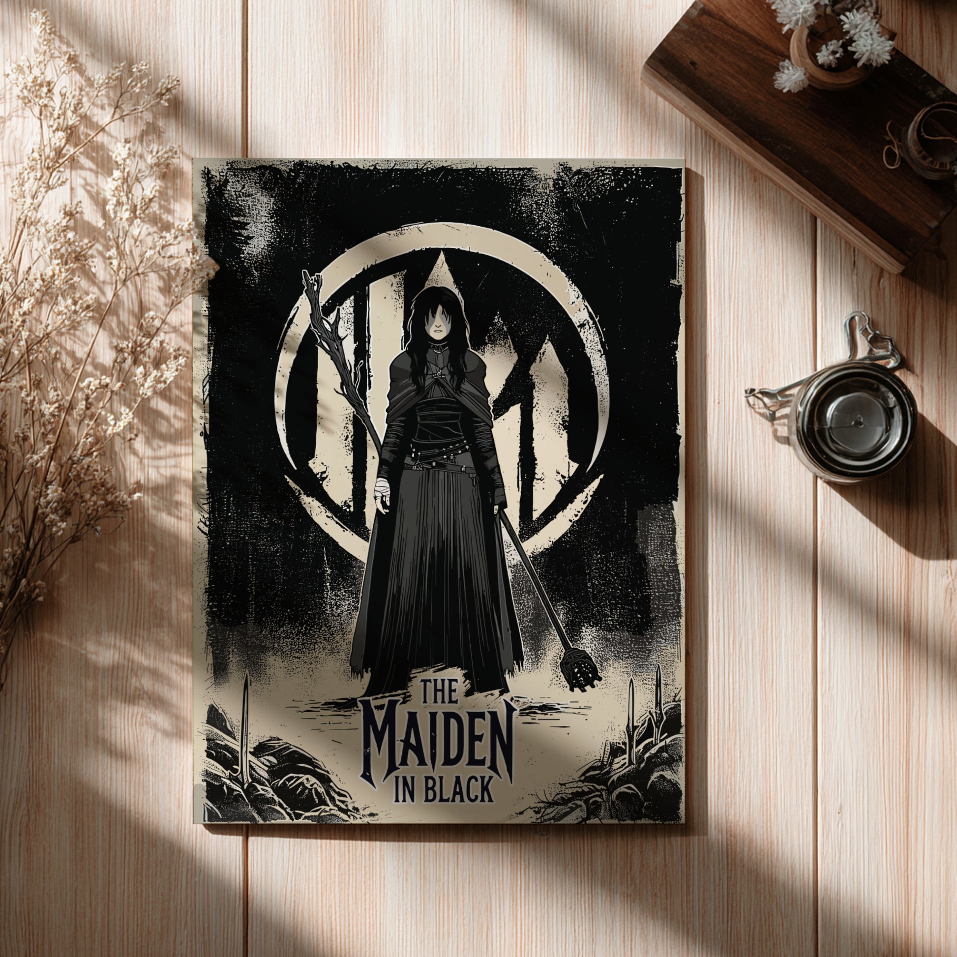Poster of The Maiden in Black from Dark Souls on a wooden surface with decorative elements.