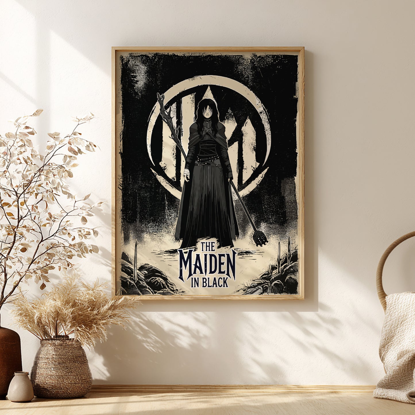 Framed artwork of The Maiden in Black from Dark Souls on a wall with decorative elements.