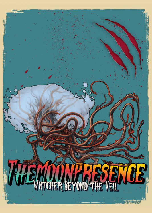 Illustration of The Moon Presence from Bloodborne on a teal background.
