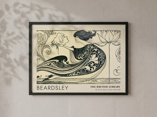 Wall art poster featuring Aubrey Beardsley The Black Cape ink drawing with lotus flower.