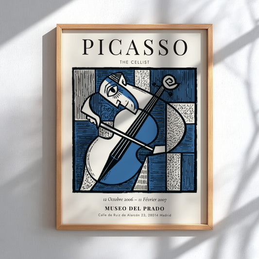 Picasso inspired poster featuring The Cellist in blue tones and abstract style