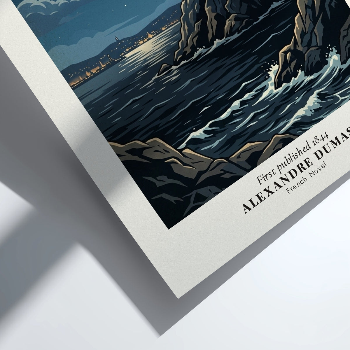 Poster featuring the dark fortress of the Count of Monte Cristo under a moonlit sky.