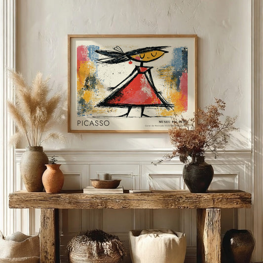 Wall art print of The Dancer by Pablo Picasso featuring vibrant colors and a playful figure in a red dress