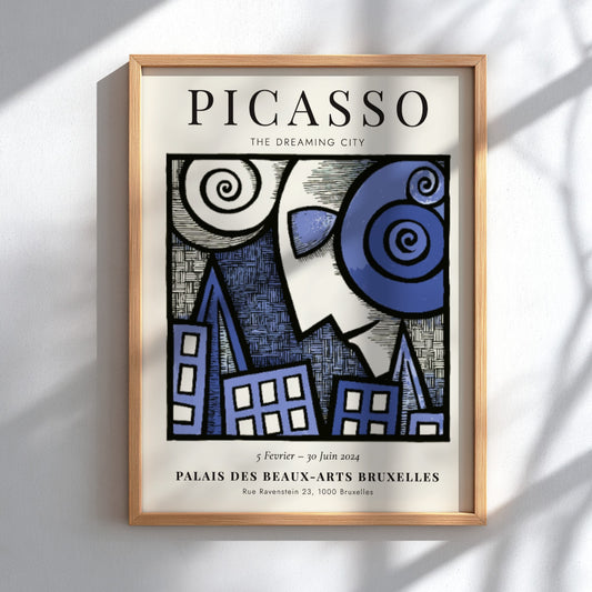 Picasso inspired poster featuring swirling forms and blue tones in a dreamlike urban landscape